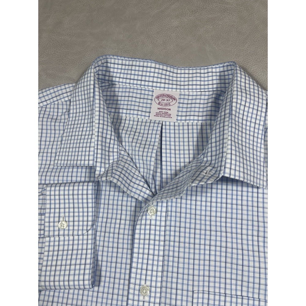 Brooks Brothers Dress Shirt 20-37 Blue Check Madison Long Sleeve Button Up